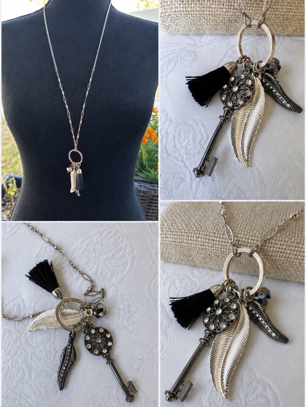 17.5" Drop Chain Black Tassel Charm Pendant Silvertone Statement Necklace NEW